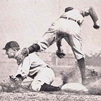 Left: Hughie Jennings, manager, Detroit American League. Center: Ty Cobb Steals Third [from Jimmy Austin, St. Louis Browns]. Right: Ty Cobb, outfield, Detroit, American League., 1912.