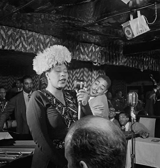 Portrait of Ella Fitzgerald, Dizzy Gillespie, Ray Brown, Milt (Milton) Jackson, and Timmie Rosenkrantz, Downbeat, New York, N.Y