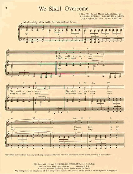Photo of sheet music for 'We Shall Overcome'