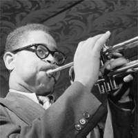 Dizzy Gillespie playing his horn, 1947.