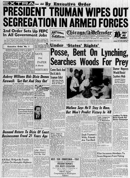 Newspaper headline from the Chicago Defender, July 31,1948.