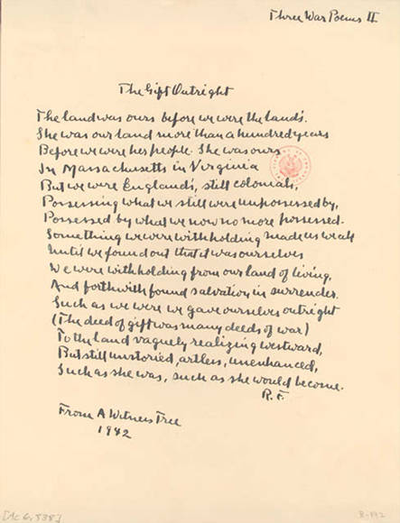 'The Gift Outright' Poem read by Robert Frost at the 1961 inauguration of John F. Kennedy.