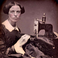 Occupational portrait of a woman working at a sewing machine, ca 1853