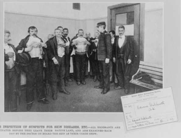 Inspection room, Ellis Island, between 1900 and 1915.