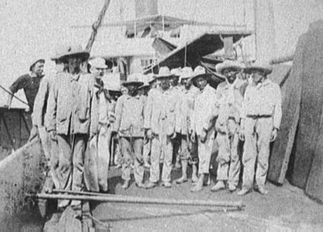 Spanish prisoners an [sic] board collier Abarenda at Guantanamo, June 14, 1898.