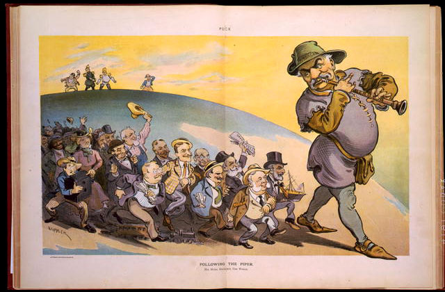 Illustration from Puck in 1902, 'Following the Piper. His Music Enchants the World.'