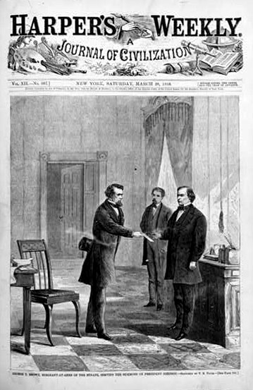 Sketch of 'George T. Brown, sergeant-at-arms, serving the summons on President Johnson,' 1868.
