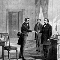 Sketch of 'George T. Brown, sergeant-at-arms, serving the summons on President Johnson,' 1868.