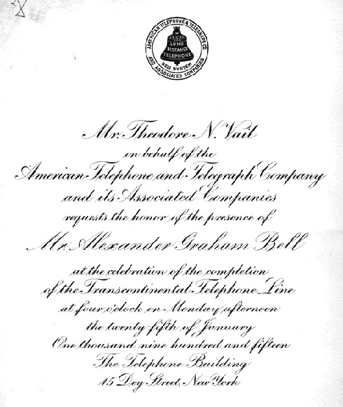 Invitation from Theodore N. Vail to Alexander Graham Bell, 1915.