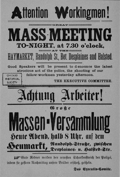 A flyer informing workers of a mass meeting
