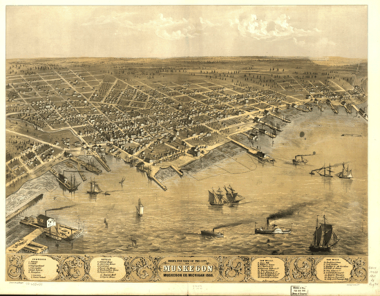 1868年密西根州的慕思克恭市 (The city of Muskegon, Michigan) 全景