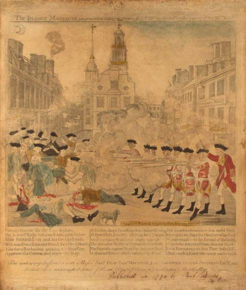 Engraving of 'The bloody massacre perpetrated in King Street Boston on March 5th 1770 by a party of the 29th REGT.'
