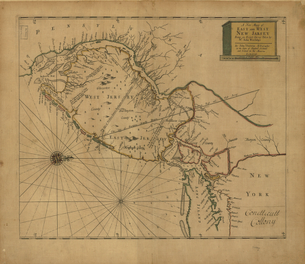 這張紐澤西東、西部的地圖顯示出花園之州在1706年的規劃，但當時紐澤西只是一個省