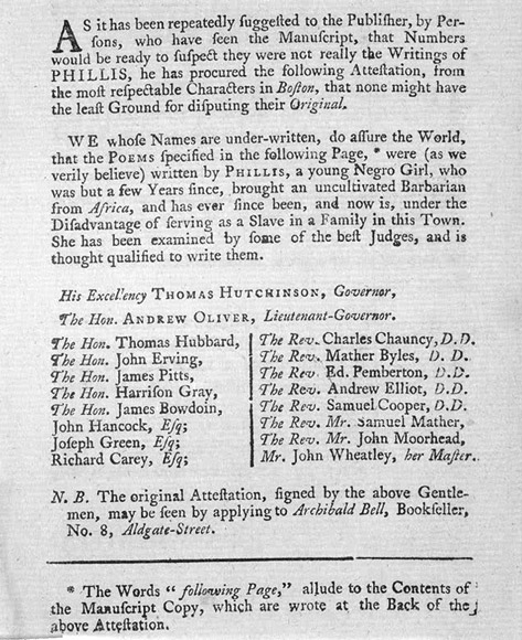 Interior page from Poems on Various Subjects, Religious and Moral, 1773.
