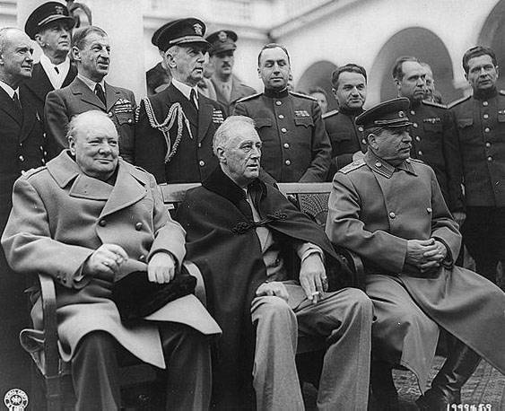 Crimean Conference--Prime Minister Winston Churchill, President Franklin D. Roosevelt, and Marshal Joseph Stalin at the palace in Yalta, where the Big Three met.