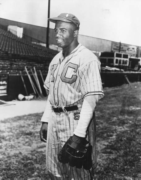 Jackie Robinson, in Kansas City Monarchs uniform, 1945.