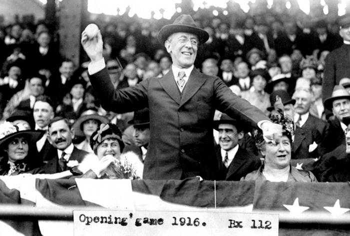 President Woodrow Wilson throwing out the first ball, opening day, 1916.