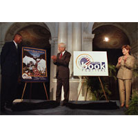 Photo of first lady Laura Bush, Librarian of Congress James H. Billington and Milwaukee Bucks basketball star Ray Allen announcing the National Book Festival