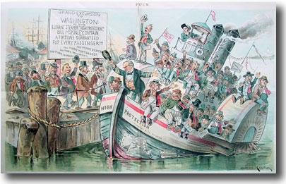 保護主義從來喜爭好鬥。這幅漫畫諷刺1896年美國總統
候選人威廉·麥金萊
（William McKinley）的保護主義競選綱領。