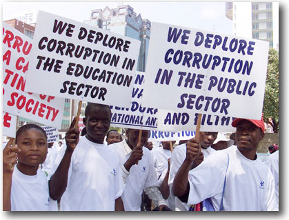 Hundreds of protesters march in
Harare, Zimbabwe, on October 25, 2003, World Anti-Corruption Day.