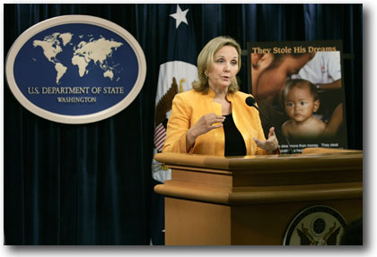 Under Secretary of State for Economic,
Business, and Agricultural Affairs Josette Sheeran discusses President George W. Bush抯
National Strategy to Internationalize Efforts Against Kleptocracy, or high-level corruption,
during a news conference at the State Department in Washington, D.C., on August 10, 2006.