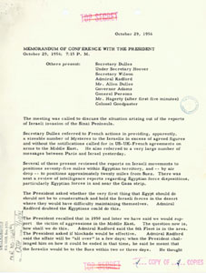 這份已經解密的1956年10月29日白宮備
忘錄談到有關以色列入侵西奈半島的報告及美國所能採取的應對措施。