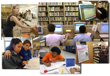 由於互聯網能夠提
供全天候服務，公共圖書館比以往任何時候都更加繁忙。用戶能夠通過家裡的電腦預借
圖書和錄像帶，甚至可以下載圖書館書庫中的公有錄音圖書。由於圖書館安裝了更多的
電腦供公眾使用，因此很多人喜歡上圖書館做研究、上網漫遊或發送電子郵件。