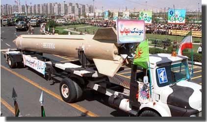 A Shahab 3 missile is put on parade in Tehran