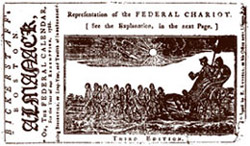 A drawing shows elder statesmen George Washington and Benjamin Franklin driving the Federal Chariot, pulled by the 13 states.