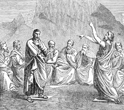 Civilized debate and due process of law are at the core of democratic practice. This woodcut imagines an ancient Greek court on the Areopagus outcrop in Athens.