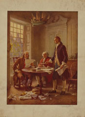 In this illustration, Benjamin Franklin, John Adams, and Thomas Jefferson draft the Declaration of Independence. The Declaration laid the groundwork for American democracy by proclaiming, 