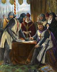 In 1215, English nobles pressured King John of England to sign a document known as the Magna Carta, a key step on the road to constitutional democracy. By doing so, the king acknowledged he was bound by law, like others, and granted his subjects legal rights.