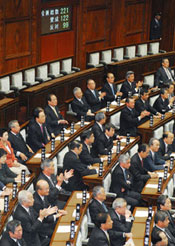 In democracy, losers and winners wage political warfare via parliamentary procedure. Above: Japanese parliament, Tokyo.