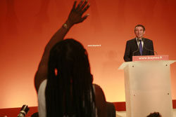 Aggressive questioning of political figures is routine in free societies. Above, a journalist directs a question at a French presidential candidate.