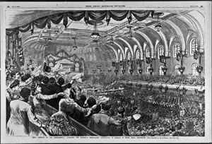政黨總統候選人提名大會是一項歷史悠久的美國政治傳統。上圖：1868年在芝加哥參加共和黨大會的代表。下圖：1880年在辛辛那提舉行的民主黨全國代表大會。<br>
© 國會圖書館圖片部