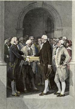 Washington is inaugurated president of the United States in New York City, 1789. Idolized by the public, Washington sought to create a presidency that was strong, but not dictatorial.