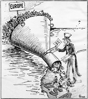 This 1921 political cartoon criticizes the U.S. government for trying to limit immigration (in those days mostly from Europe).