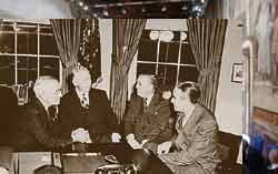 In the Oval Office discussing the Marshall Plan, left to right: President Truman, Marshall, Paul Hoffman, Averell Harriman.