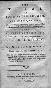 Zenger's trial came when New York was still a British colony. Below: an account of the case printed in London in 1765.
