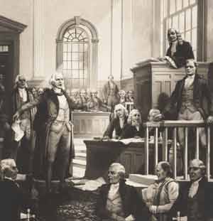 A posthumous depiction of the Zenger trial by illustrator David Lithgow. Little does the mincing Justice DeLancey, upper right, know he is soon to be overruled by a jury of free men.