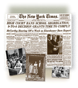 In deciding the case of Brown v. Board of Education, in 1954, the U.S. Supreme Court banned local laws that kept blacks and whites in separate schools, setting the stage for today's multicultural democracy. Though the decision ended racial segregation under the law, de facto segregation based on culture, class and income has proved hard to eradicate. (Photo, inset center above: the Brown family, 1953, who sued the Kansas Board of Education when Linda – left – wasn't allowed to go to a white school.)