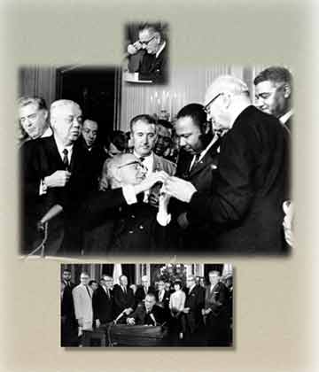 <em>Brown</em> changed the temper of the times, and led to national civil rights legislation, especially during the presidency of Lyndon B. Johnson (inset top).  Center: Johnson hands Dr. King a pen used to sign the Civil Rights Act of 1964.  Below: Johnson signs the Voting Rights Act of 1965, a law that made it easier for black Americans to vote.