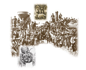 This photograph shows the euphoric moment when the Eastern and Western United States were linked by a transcontinental railroad, in 1869. In following decades, concentration of power in the hands of a few who owned railroads, or other assets, would incite controversy. Corporate conglomerates, such as rail or oil 「trusts,」 caricatured in this 19th-century cartoon as a giant octopus, were later split up by the U.S. government. Above: Tycoons seated around a table in a private Union Pacifi c railroad car in 1868.