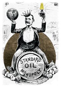 19th-century political cartoonists had a field-day attacking Rockefeller, here caricatured as 「King of the World,」 sitting on a barrel of oil.