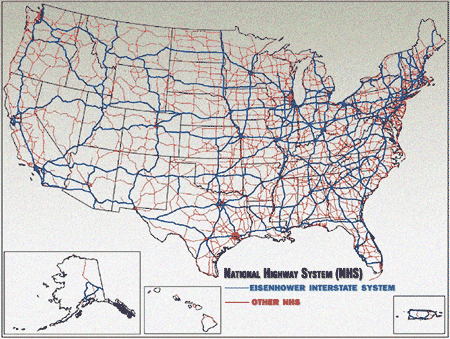 In this map, the Interstate highway system is limned in blue, showing how it linked the nation.