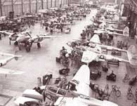 Assembly line of P-38 Lightning fighter planes during World War II.
