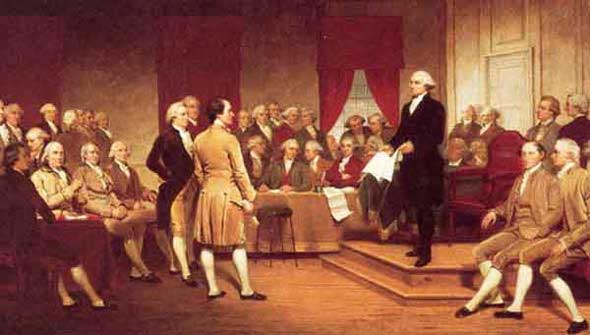 George Washington addressing the Constitutional Convention in Philadelphia, 1787.
