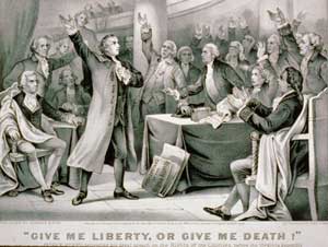 Drawing of revolutionary firebrand Patrick Henry (standing to the left)