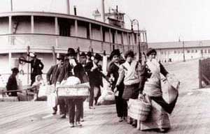 Immigrants arriving at Ellis Island in New York City.