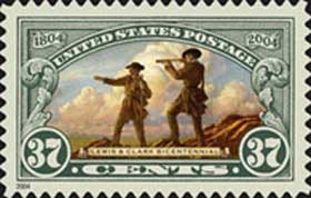 U.S. postage stamp commemorating the bicentennial of the Lewis and Clark expedition under President Thomas Jefferson.